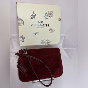 Coach Burgandy Suede Wristlet w/ Coach Floral Box